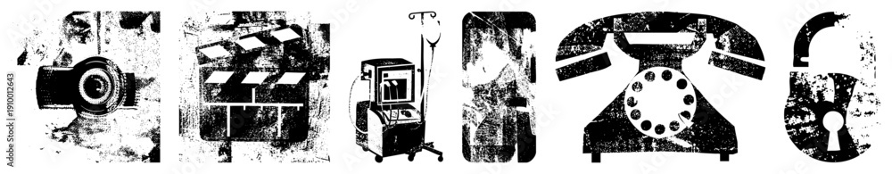 Obraz premium Retro cinema clapperboard, rotary telephone, hospital monitor, camera lens, padlock symbols, distressed halftone vector, isolated graphic elements.