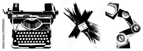 Retro typewriter with keys, paintbrush with bristles, robotic arm segments, halftone texture, vector art, creative tools, isolated.