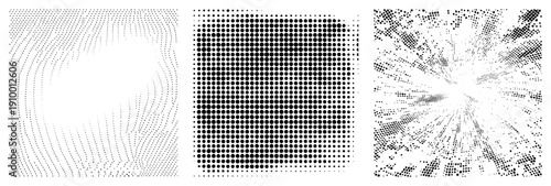 Vector halftone designs featuring curved, grid, and radial dot formations, ideal for graphic design, print, or digital art. Alternately called stippling, dot matrix, or pointillism.