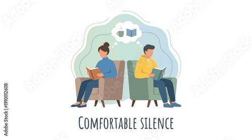 Couple reading books together in comfortable silence. Introvert relationship and parallel play concept. Cozy quiet quality time illustration.