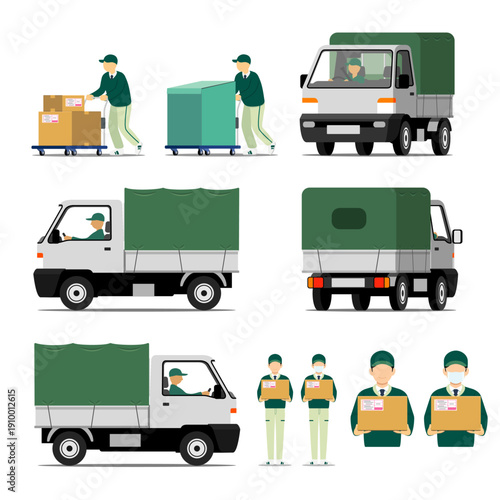 宅配便の軽トラックとスタッフのセット_白