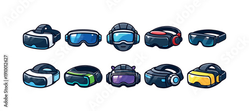 Virtual reality headset icon set. Futuristic, technology gadgets in colorful 3d style.