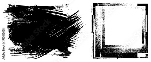 Abstract ink brush texture, expressive strokes, halftone geometric frame, graphic design element, vector art, composition, artistic overlay.