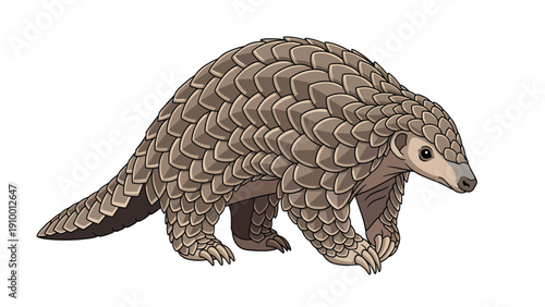 Detailed pangolin illustration. Scaly anteater mammal walking. Endangered wildlife animal isolated on white background.