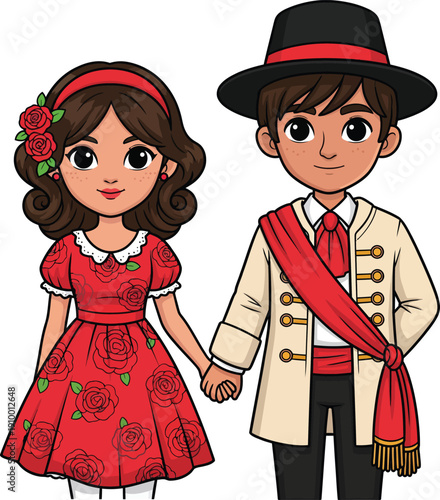 Young cartoon couple in traditional Spanishstyle red and cream outfits holding hands.