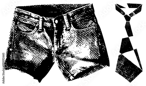 Graphic depiction of denim shorts with pockets and button fly, paired with a necktie, rendered in halftone dot, fashion apparel, retro textile design.