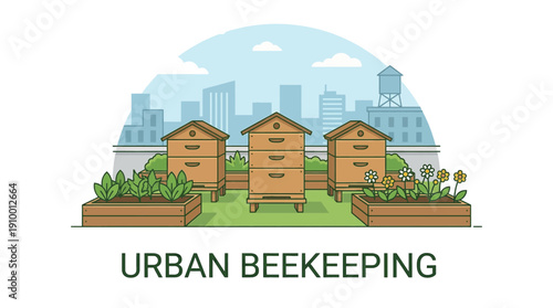 Urban beekeeping rooftop apiary with wooden beehives and city skyline background. Sustainable city ecology and nature concept. Flat vector landscape.