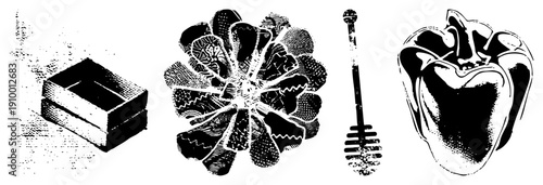 Black and white halftone vector illustrations of a matchbox, stylized flower, honey dipper, and bell pepper. Isolated foreground elements with textured shading and clean.