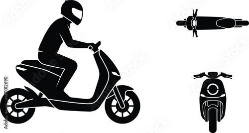 Scooter rider silhouette set showing man riding motor scooter with side, top and front views, black vector figures isolated on white background for transportation, urban travel, and design concepts