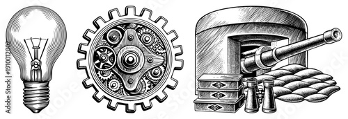 Classic engraved illustrations of innovation, industry, and warfare incandescent bulb, intricate gearwork, artillery cannon with sandbags. Technical vector art with halftone shading.