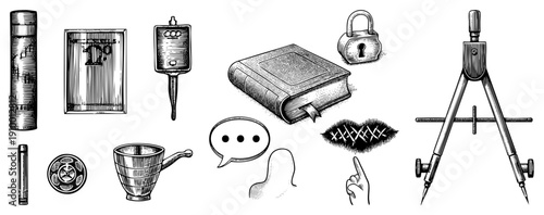 Hand drawn set of antique objects including padlock, ledger, compass, and speech bubble, rendered in classic engraving style with hatching and stippling.