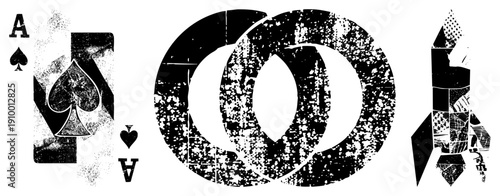 Distressed black and white vector Ace of Spades card, interlocking rings, ship, halftone texture, graphic design elements, isolated foreground.