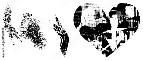 Stylized vector shapes with halftone, fragmented forms, graphic design elements, art, digital illustration, isolated symbols.