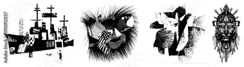 Bold abstract composition using halftone, geometric forms, and fragmented textures. Artistic vector design with high contrast and graphic intensity.