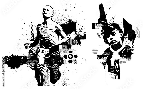 Two stylized runners in motion, urban street art aesthetic, halftone, graphic design, vector illustration, isolated figures, cityscape elements.