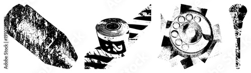 Retro communication tools rendered in halftone, including rotary phone, film reel, and typewriter keys, vector graphic with distressed texture, isolated elements for design use.