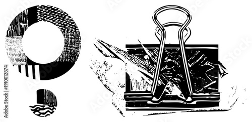 Graphic design elements featuring circular and a paperclip, rendered in high contrast, ideal for modern branding or use.