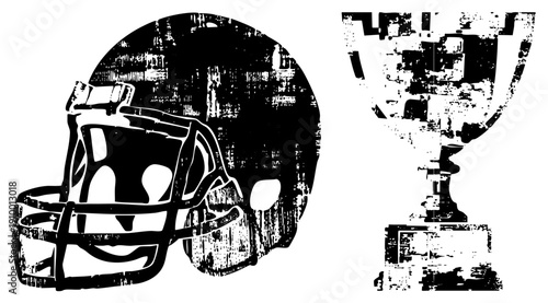 American football helmet with faceguard and trophy cup, sports victory, athletic achievement symbols, black and white vector graphics.