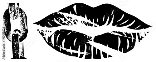 Graphic design featuring lips with textured kiss mark and chain, vector art, black and white, stencil style, isolated symbols, fashion illustration.