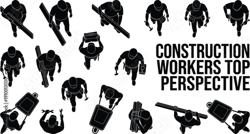 Construction worker silhouette set showing people from top view perspective carrying tools and materials, black figures isolated on white background for industry, labor, and design concepts