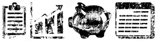 financial symbols with distressed texture clipboard, upward graph, piggy bank, document. Budgeting, finance, savings, accounting tools.