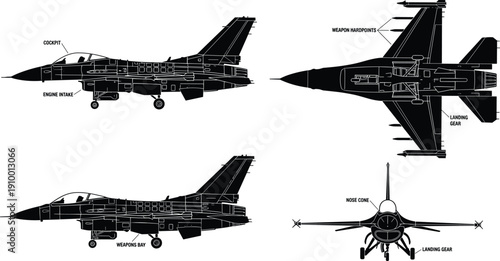 Military fighter jet technical silhouette showing labeled aircraft parts with side, top and front views, isolated on white background for aviation, defense, engineering, and infographic design use