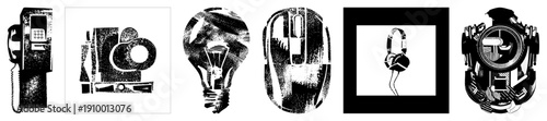 Set of six vector payphone, abstract camera, lightbulb, computer mouse, headphones, engine. Flat design, isolated elements, tech and communication symbols.