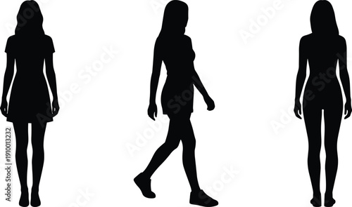 Female silhouette collection showing woman standing and walking poses, full body black figures isolated on white background for fashion, lifestyle, people, and design concepts