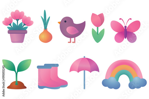 Spring Icon Set – A colorful collection of stylized seasonal illustrations featuring blooming flowers, sprouts, rain boots, umbrella, rainbow, bird, butterfly, and gardening elements. 