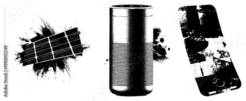 Smartphone, smart speaker, solar panel rendered in high contrast halftone with dynamic ink splatter, tech accessories, digital devices, vector illustration.