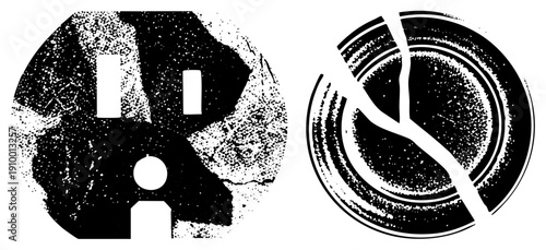 Stylized circular abstract graphics with halftone grain, fragmented arcs, and negative space, vector art, design, graphic elements.