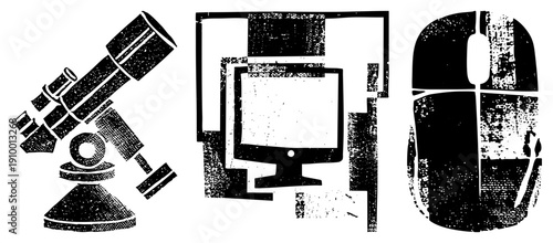 Retro tech rendered in halftone dot, telescope, monitor, mouse, digital tools, vintage computing, vector illustration, isolated tech symbols.