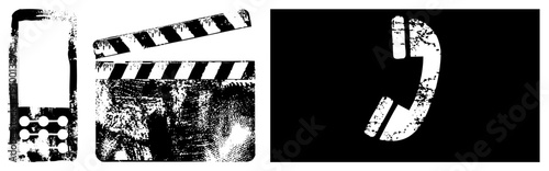 Retro cinema symbols including clapperboard, telephone receiver, and smartphone, halftone texture, distressed style, film industry.