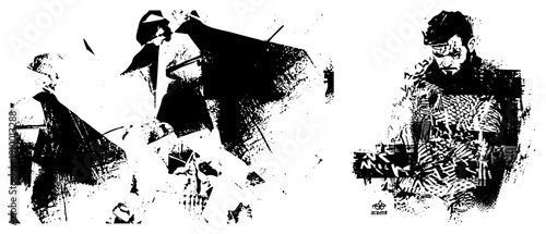 Abstracted human forms rendered in high contrast halftone, artistic composition, graphic design, vector illustration, art, stylized figures, isolated characters.