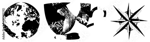 Black and white vector globe showing continents, ornate teapot with motif, compass rose with directional points. Flat design, isolated elements for navigation or travel themes.