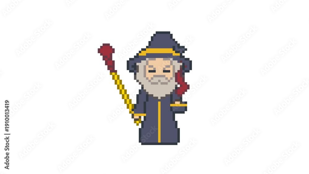 8-bit pixel art rpg game elderly wizard character using magical flame ...