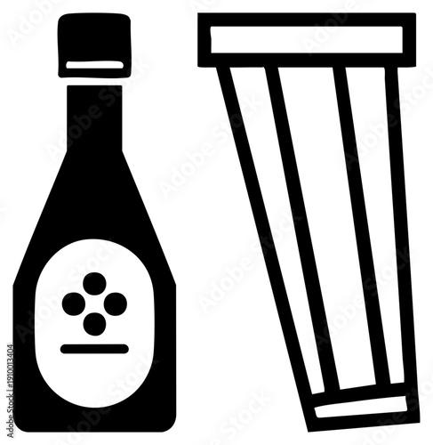 Bottle with label and test tube, scientific or lab equipment, chemistry set, laboratory tools, black illustration.