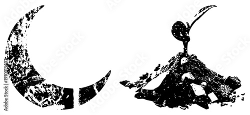 Textured moon and sprouting seedling, halftone vector graphic, nature symbolism, minimalist black ink, organic shapes, contrast design.