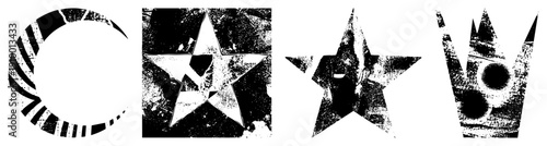 Distressed black and white vector including moon, star, masked face, and crown, rendered in gritty halftone style, ideal for alternative design or urban art contexts.