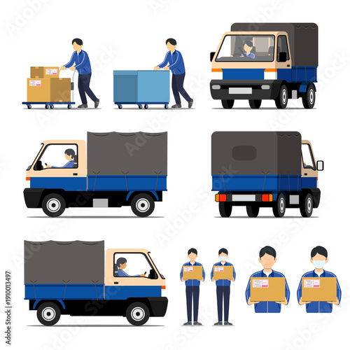 宅配便の軽トラックとスタッフのセット_青