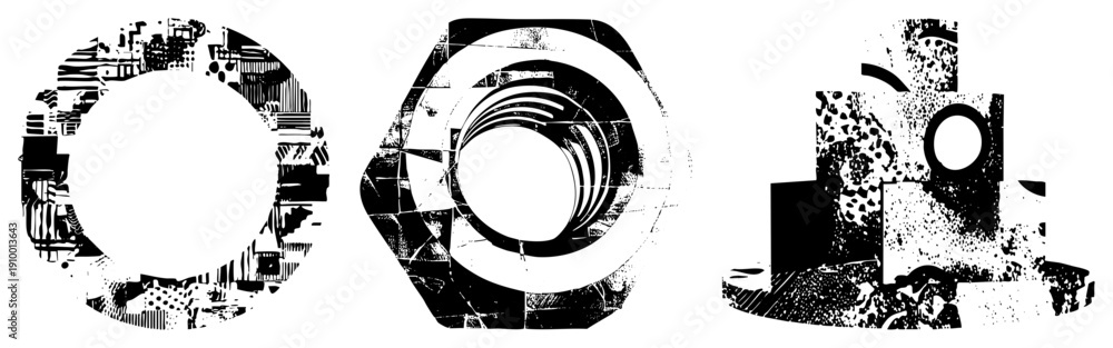 Obraz premium Vectorized mechanical components with glitched textures, circular and hexagonal shapes, industrial design, stylized hardware, graphic elements.