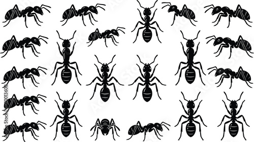 Black ant silhouette collection showing multiple insect poses, crawling and standing ants, isolated on white background, ideal for pest control, biology, and nature design concepts