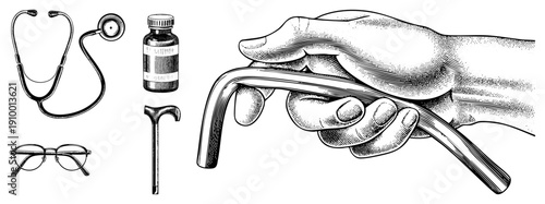 Classic medical instruments and aids stethoscope, prescription glasses, medicine bottle, walking cane, and hand holding catheter all rendered in detailed halftone engraving style.