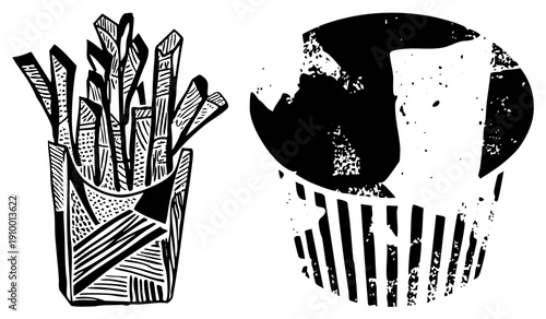 Vintage style vector art of crispy fries in paper container and bitten cupcake, classic snack combo, retro food graphic, stylized dessert and fast food.