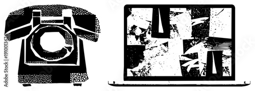 Retro rotary telephone with halftone texture beside cracked laptop screen, digital vs analog tech contrast, black and white vector art, isolated graphic elements.