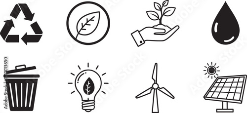 Set of eco friendly vector silhouette design icons bundle of environmental symbols