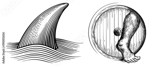 Shark fin breaking surface waves, bare foot stepping through round wooden door, vintage engraved illustration, nautical and mythical theme.
