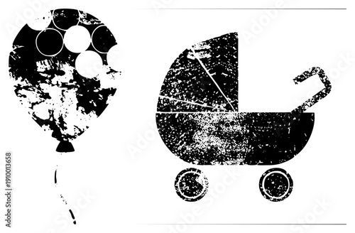 Grungy black and white vector of balloon with circular and baby stroller with wheels, isolated graphic elements, distressed texture, minimalist design.