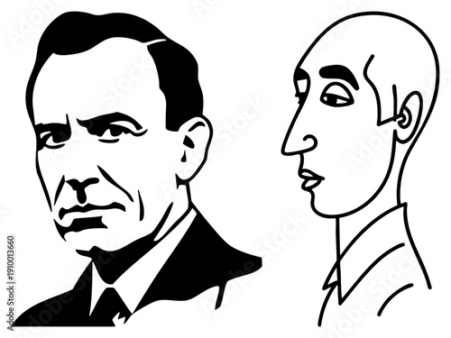 Graphic illustration of two male figures, one frontal with suit, one profiled, minimalist art, vector silhouette, design, artistic rendering.