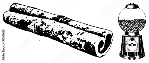 Retro gumball dispenser with glass globe and coin slot, alongside textured log with bark and hollow core, black and white vector art.